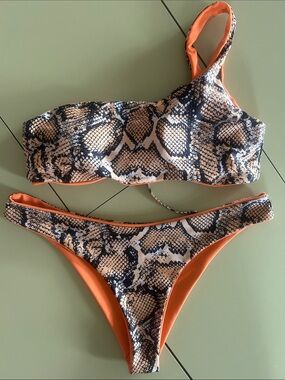 Snake Print One-Shoulder Bikini with Orange Trim